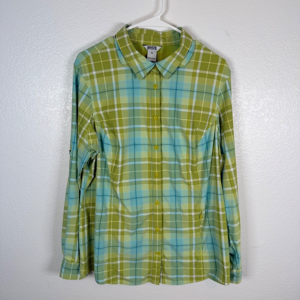 Duluth Womens XL Plaid Flex Sidewinder Shirt Vented Roll Tab Long Sleeves UPF 30